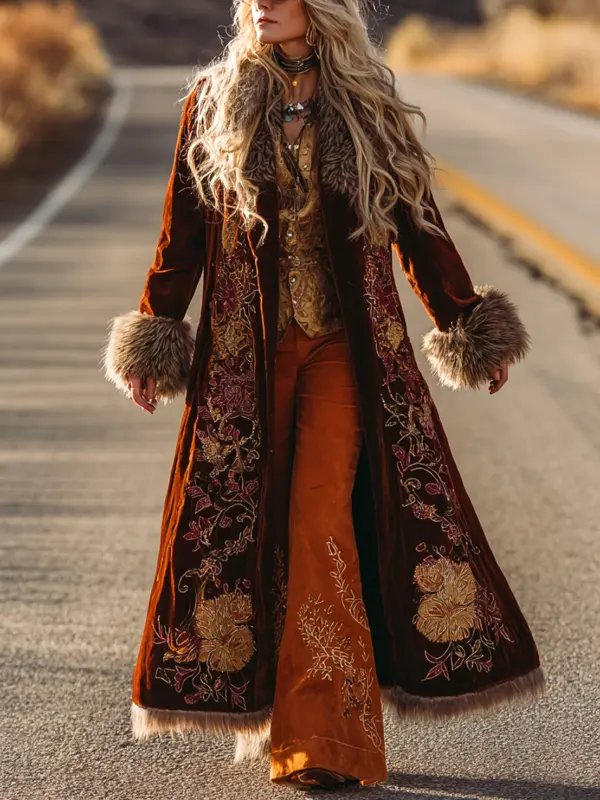 Women's Vintage Bohemian Elegance: Woolen And Fur Ensemble On The Road - Pragmaace.com 