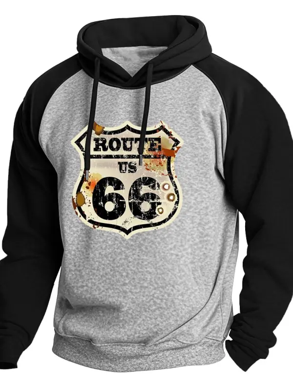 Men's Vintage Route 66 Road Trip Print Raglan Long Sleeve Hoodie - Wantbright.com 