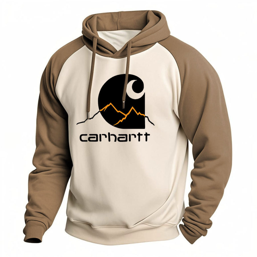 Men's Vintage Mountain Print Color Block Raglan Long Sleeve Hoodie