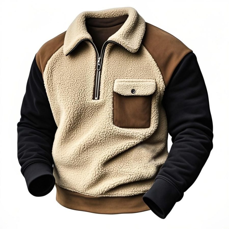 

Men's Vintage Suede Fleece Color Block Stitching Pocket Long Sleeve Quarter Zip Stand Collar Sweatshirt