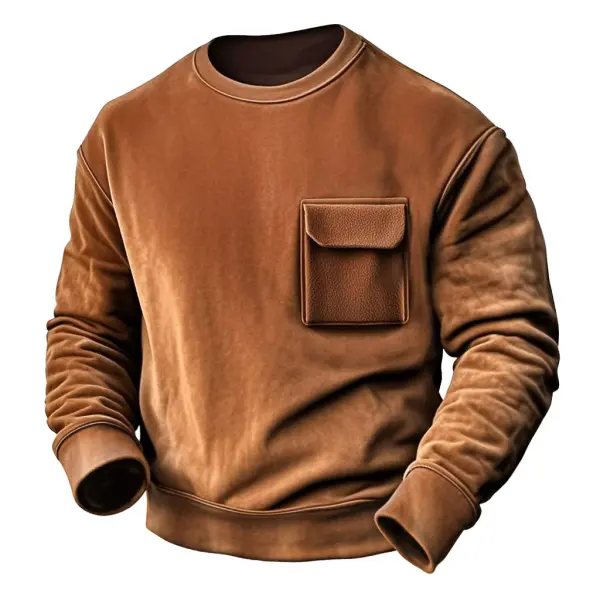 Men's Vintage Brown Suede Fleece Pocket Long Sleeve Crewneck Sweatshirt - Rabclub.com 
