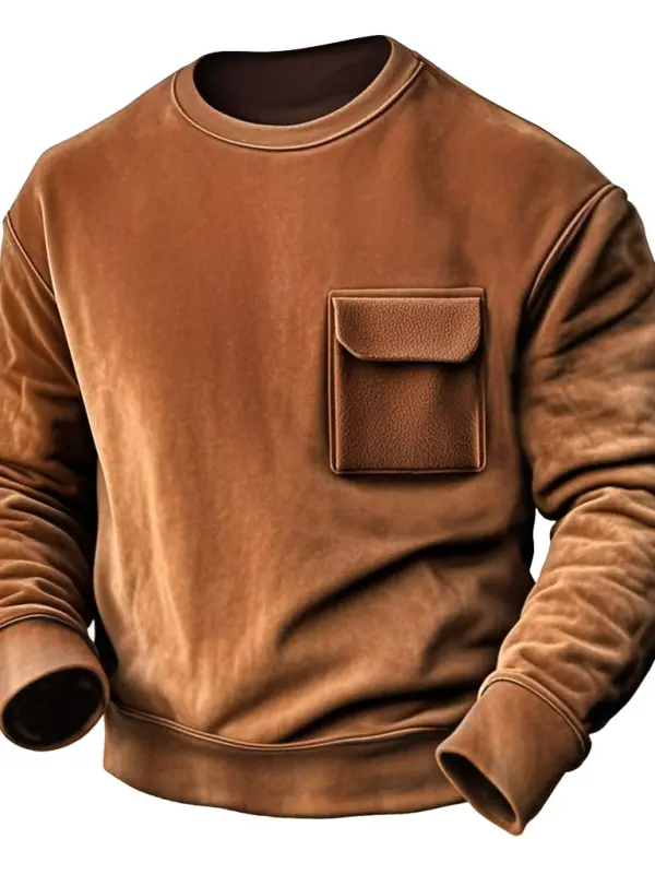 Men's Vintage Brown Suede Fleece Pocket Long Sleeve Crewneck Sweatshirt - Wantbright.com 