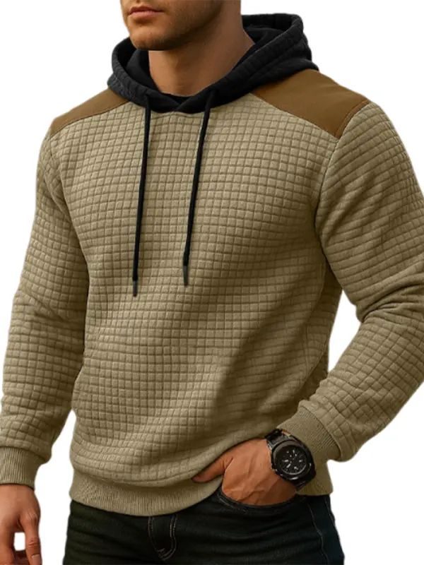 Men's Vintage Casual Khaki Hooded Sweatshirt With Contrast Sleeves - Pragmaace.com 