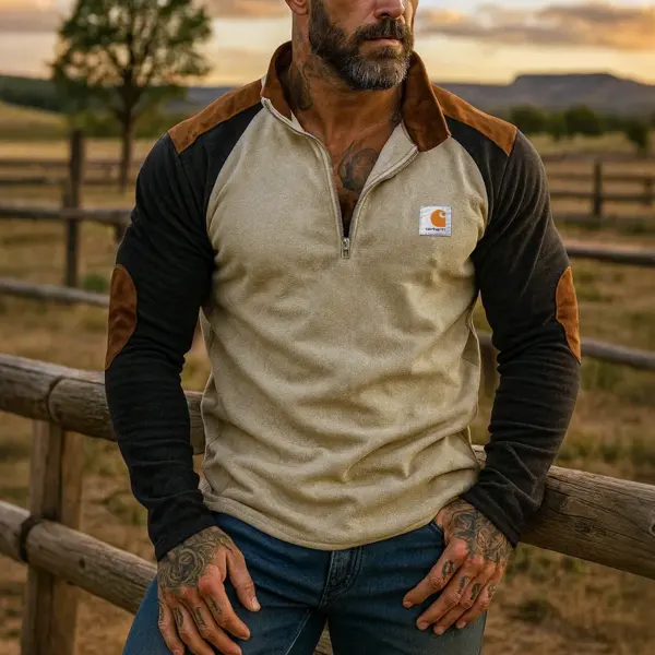 Men's Vintage Suede Sweatshirt Quarter-Zip Pullover - Wayrates.com 