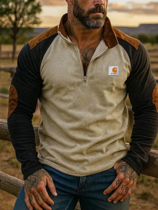 Men's Vintage Suede Sweatshirt Quarter-Zip Pullover - Pragmaace.com 