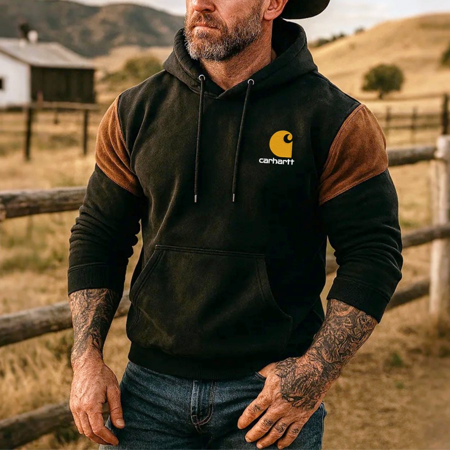 

Men's Vintage Suede Hoodie In Black And Brown: Perfect For Outdoor Adventures
