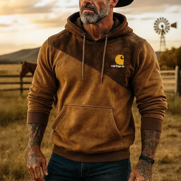 Men's Vintage Brown Suede Hoodie With Windmill Background - Wayrates.com 
