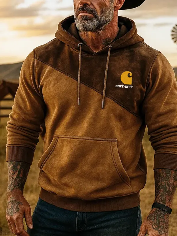 Men's Vintage Brown Suede Hoodie With Windmill Background - Pragmaace.com 