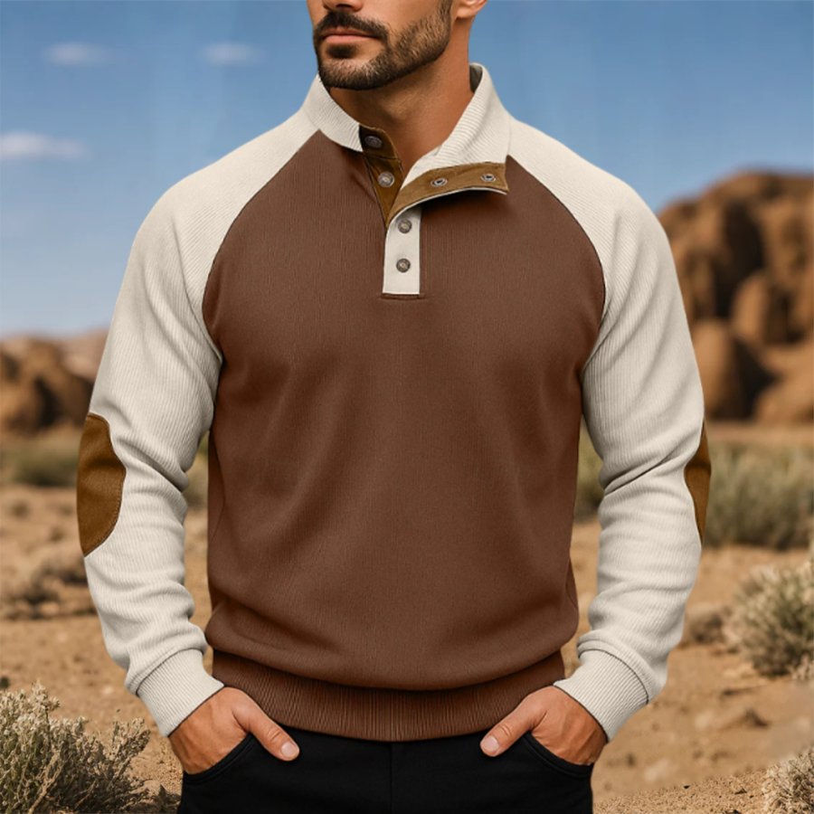 Men's Vintage Casual Brown And Beige Color-Block Corduroy Sweatshirt With Button Collar