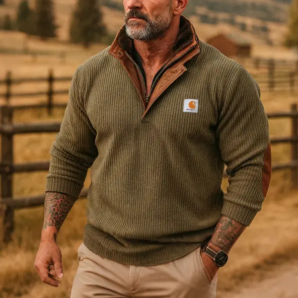Carhartt Men's Vintage Olive Green Half-Zip Chenille Sweatshirt With Fleece Collar - Wayrates.com 