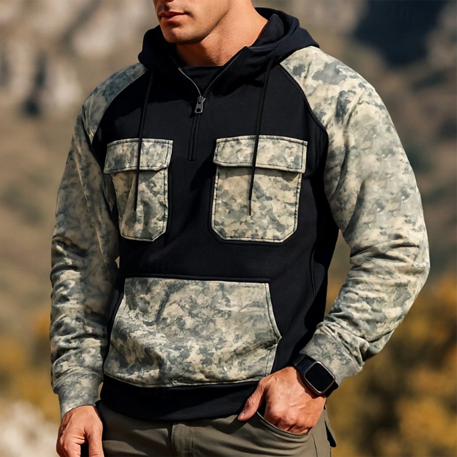 Men's Vintage Camouflage And Black Hooded Sweatshirt With Pockets