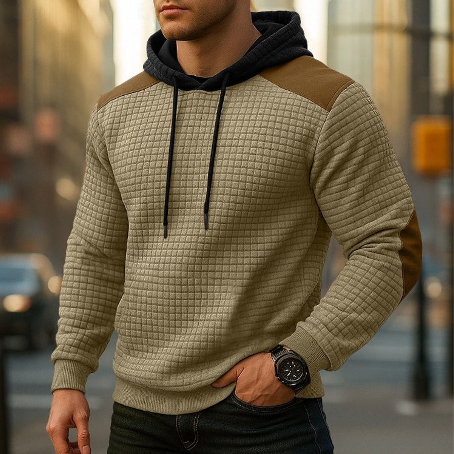 Men's Vintage Casual Khaki Hooded Sweatshirt With Contrast Sleeves