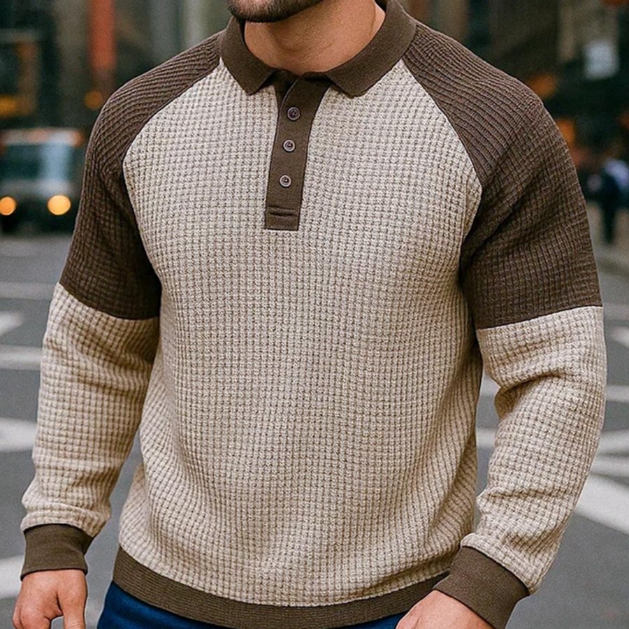 

Men's Vintage Casual Beige And Brown Polo Neck Waffle Sweatshirt For Men