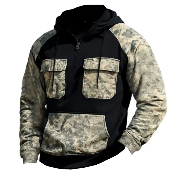 Men's Vintage Camouflage And Black Hooded Sweatshirt With Pockets - Manlyhost.com 