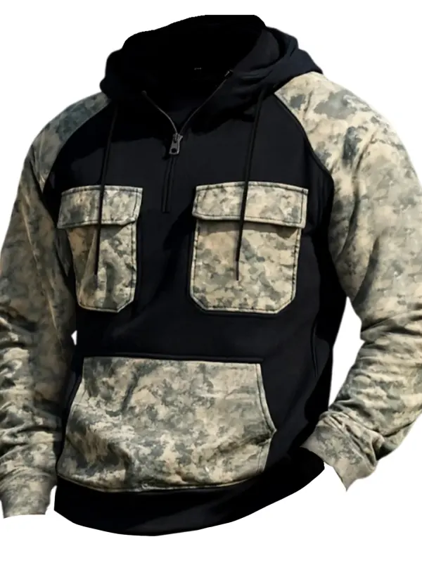 Men's Vintage Camouflage And Black Hooded Sweatshirt With Pockets - Wantbright.com 