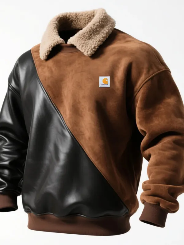 Retro Casual Contrast Color Stitching Half Zip Lapel Sweatshirt Lamb Wool Lapel Sweatshirt - Pragmaace.com 