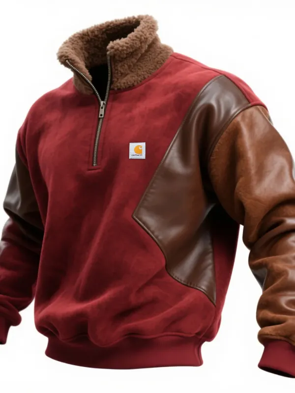 Retro Casual Contrast Color Stitching Half Zip Stand Collar Sweatshirt Lamb Wool Stand Collar Sweatshirt - Pragmaace.com 