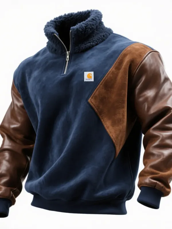 Retro Casual Contrast Color Stitching Half Zip Stand Collar Sweatshirt Lamb Wool Stand Collar Sweatshirt - Pragmaace.com 