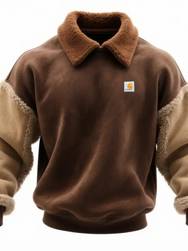 Retro Casual Contrast Color Stitching Half Zip Lapel Sweatshirt Lamb Wool Lapel Sweatshirt - Pragmaace.com 