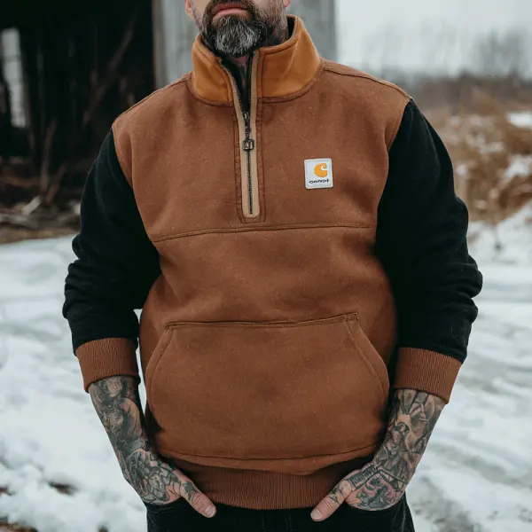 Winter-Ready Half-Zip Pullover With Contrast Sleeves - Wayrates.com 