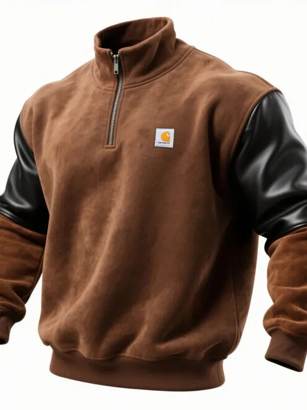 Retro Casual Contrast Color Stitching Half Zip Stand Collar Sweatshirt - Pragmaace.com 