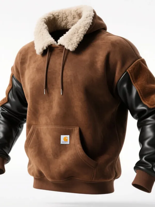 Retro Casual Contrast Color Stitching Lamb Wool Hooded Sweatshirt - Pragmaace.com 