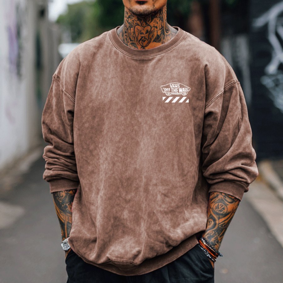 Washed Vintage Long Sleeve Crewneck Sweatshirt For Men