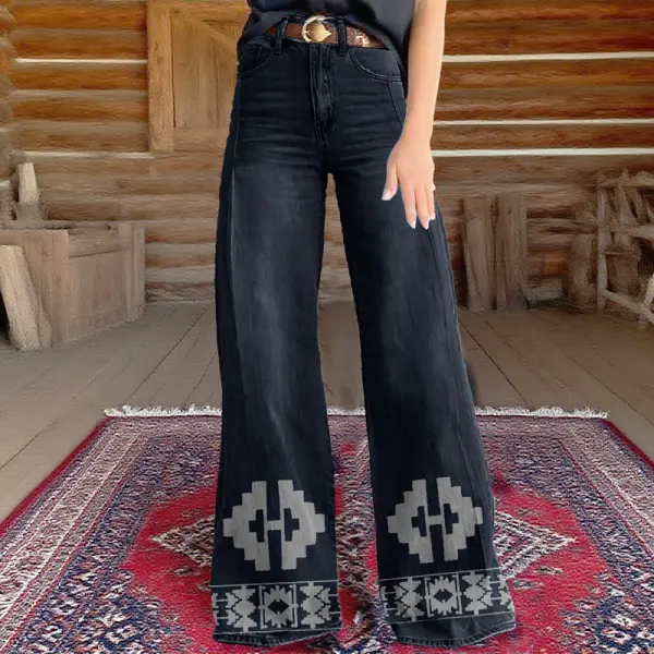 Women's Retro Western Country Aztec Style Printed Faux Denim Wide Leg Pants - Upgradecool.com 