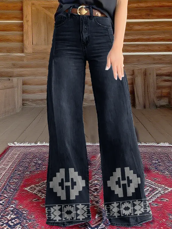 Women's Retro Western Country Aztec Style Printed Faux Denim Wide Leg Pants - Wantbright.com 