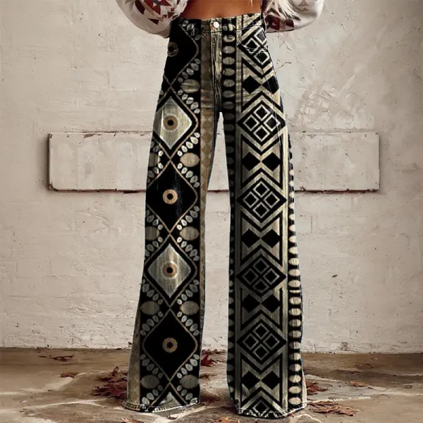 Women's Retro Western Country Ethnic Printed Faux Denim Wide Leg Pants - Upgradecool.com 