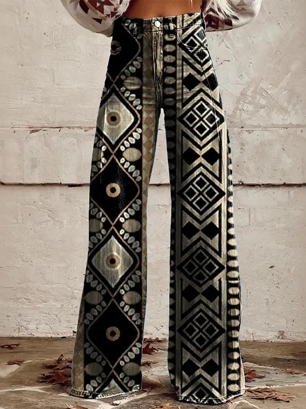 Women's Retro Western Country Ethnic Printed Faux Denim Wide Leg Pants - Pragmaace.com 