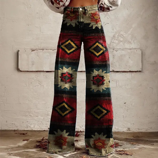 Women's Retro Distressed Western Geometric Country Ethnic Printed Faux Denim Wide Leg Pants - Upgradecool.com 