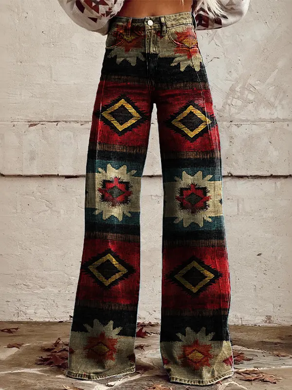 Women's Retro Distressed Western Geometric Country Ethnic Printed Faux Denim Wide Leg Pants - Pragmaace.com 