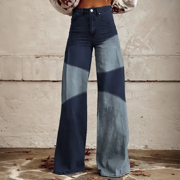 Women's Retro Western Country Style Patchwork Printed Faux Denim Wide Leg Pants - Upgradecool.com 