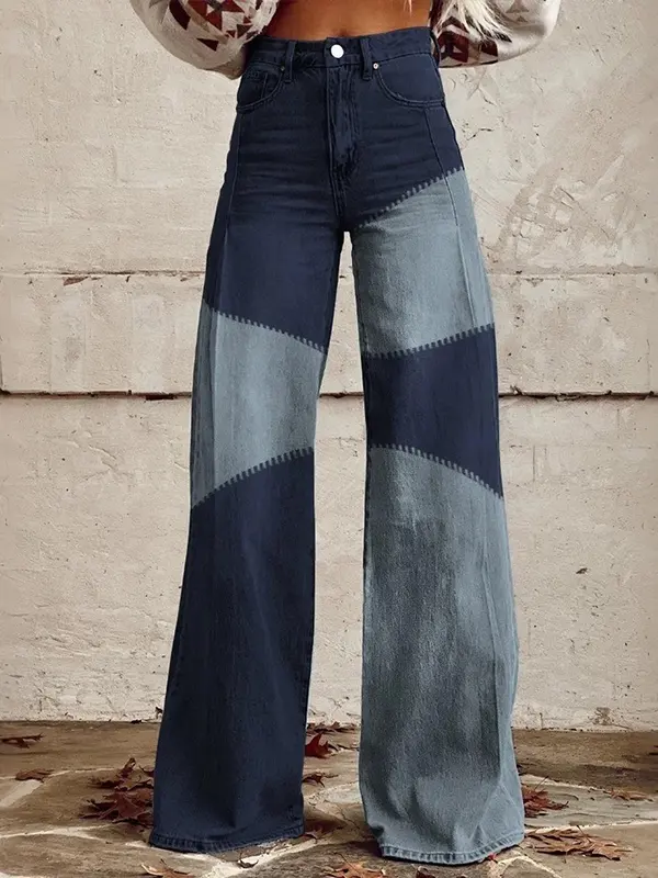 Women's Retro Western Country Style Patchwork Printed Faux Denim Wide Leg Pants - Pragmaace.com 