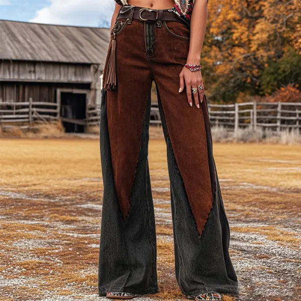 Women's Retro Western Graphic Print Printed Faux Denim Wide Leg Pants - Upgradecool.com 