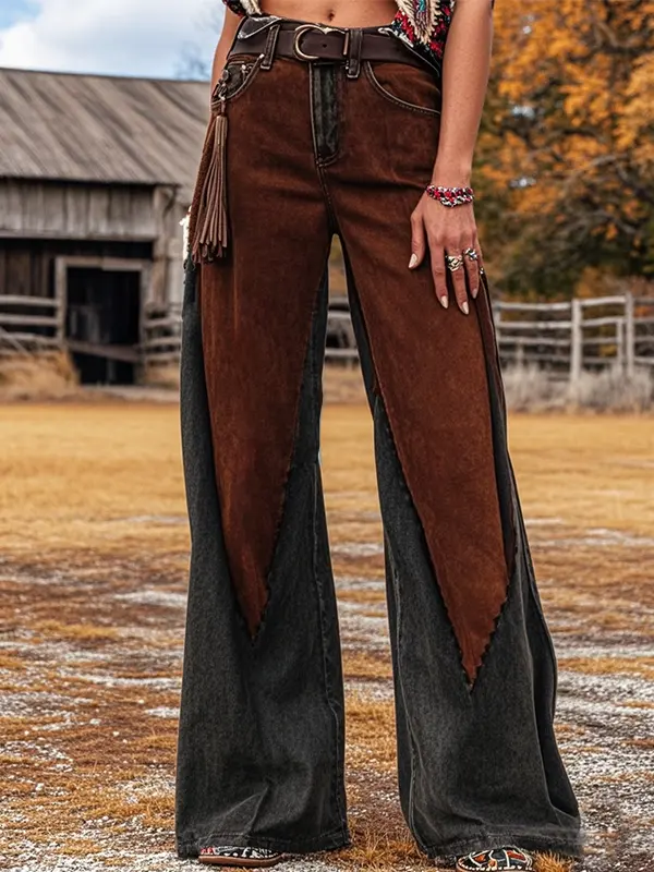 Women's Retro Western Graphic Print Printed Faux Denim Wide Leg Pants - Pragmaace.com 