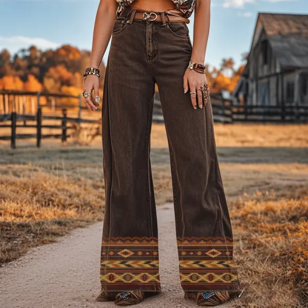 Women's Retro Western Cowgirls Geometric Country Ethnic Printed Faux Denim Wide Leg Pants - Upgradecool.com 