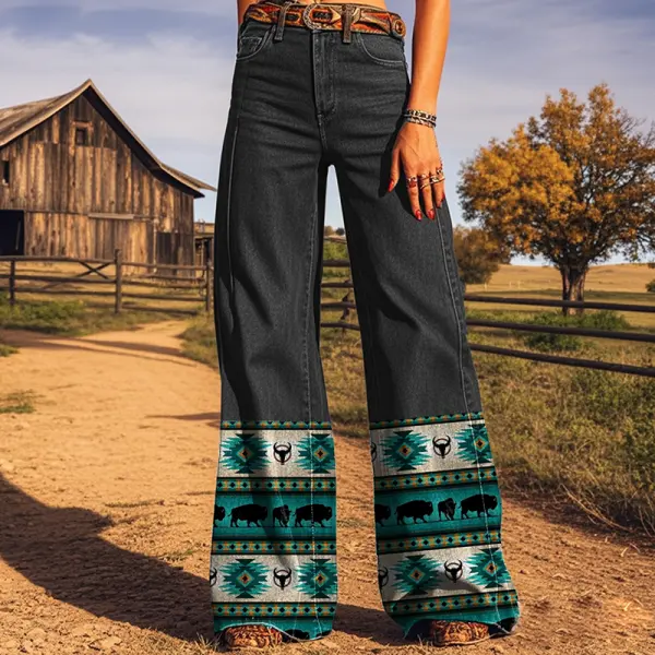 Women's Retro Western Geometric Country Ethnic Printed Faux Denim Wide Leg Pants - Upgradecool.com 