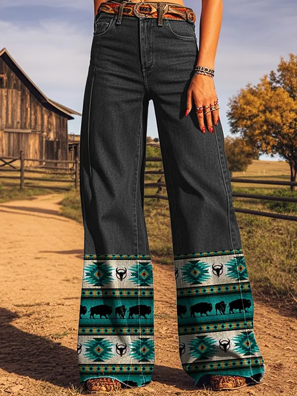 Women's Retro Western Geometric Country Ethnic Printed Faux Denim Wide Leg Pants - Pragmaace.com 