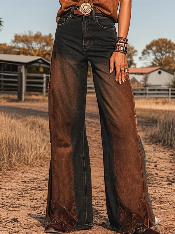 Women's Retro Distressed Western Gradient Printed Faux Denim Wide Leg Pants - Pragmaace.com 