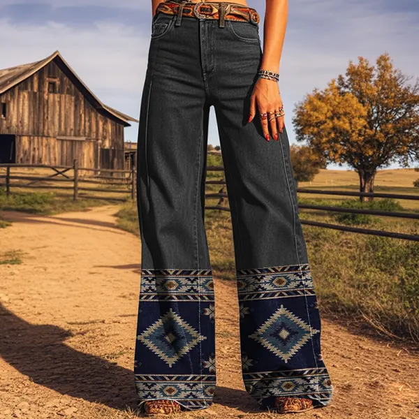 Women's Retro Western Graphic Print Printed Faux Denim Wide Leg Pants - Upgradecool.com 