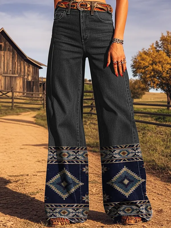 Women's Retro Western Graphic Print Printed Faux Denim Wide Leg Pants - Pragmaace.com 