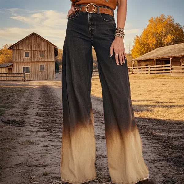 Women's Retro Western Gradient Smudge Print Printed Faux Denim Wide Leg Pants - Upgradecool.com 