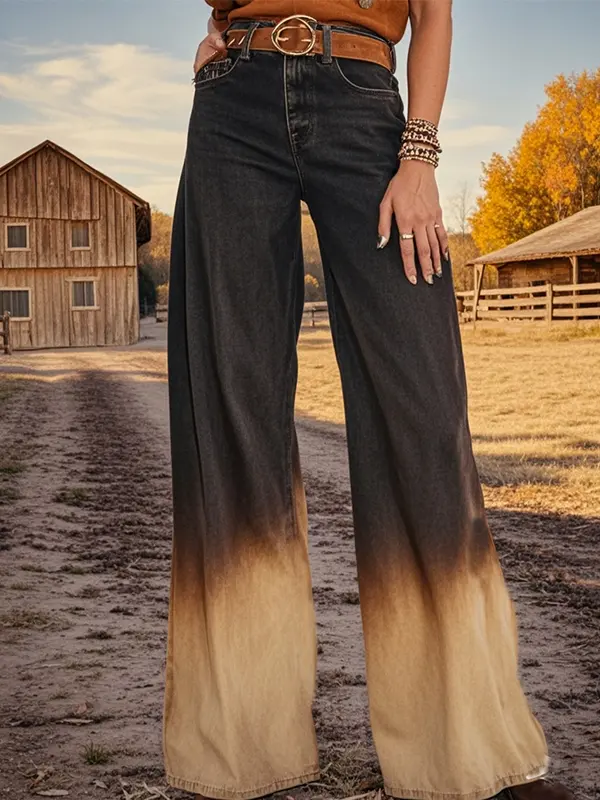 Women's Retro Western Gradient Smudge Print Printed Faux Denim Wide Leg Pants - Pragmaace.com 
