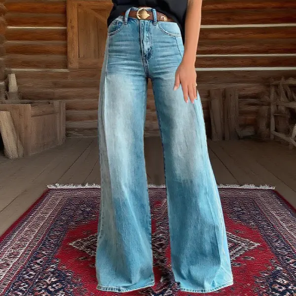 Women's Retro Distressed Western Country Style Patchwork Printed Faux Denim Wide Leg Pants - Upgradecool.com 