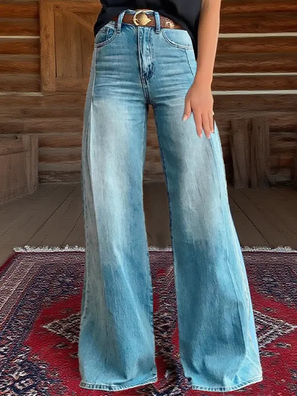 Women's Retro Distressed Western Country Style Patchwork Printed Faux Denim Wide Leg Pants - Pragmaace.com 
