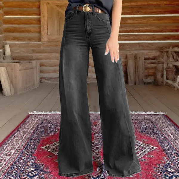 Women's Retro Western Country Bohemian Style Patchwork Printed Faux Denim Wide Leg Pants - Upgradecool.com 