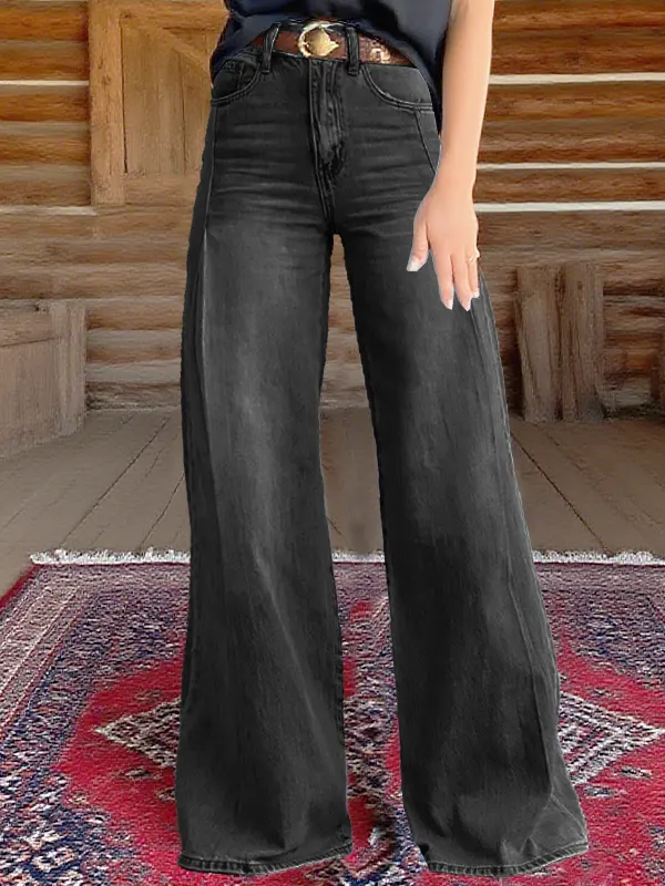 Women's Retro Western Country Bohemian Style Patchwork Printed Faux Denim Wide Leg Pants - Wantbright.com 