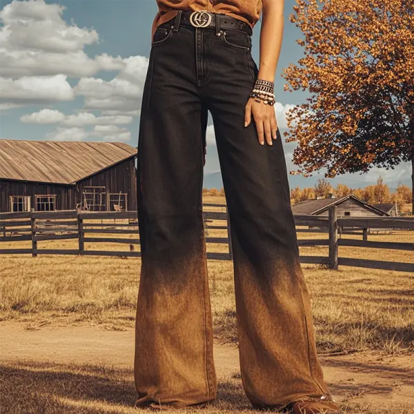 Women's Retro Western Gradient Bohemian Country Ethnic Printed Faux Denim Wide Leg Pants - Upgradecool.com 